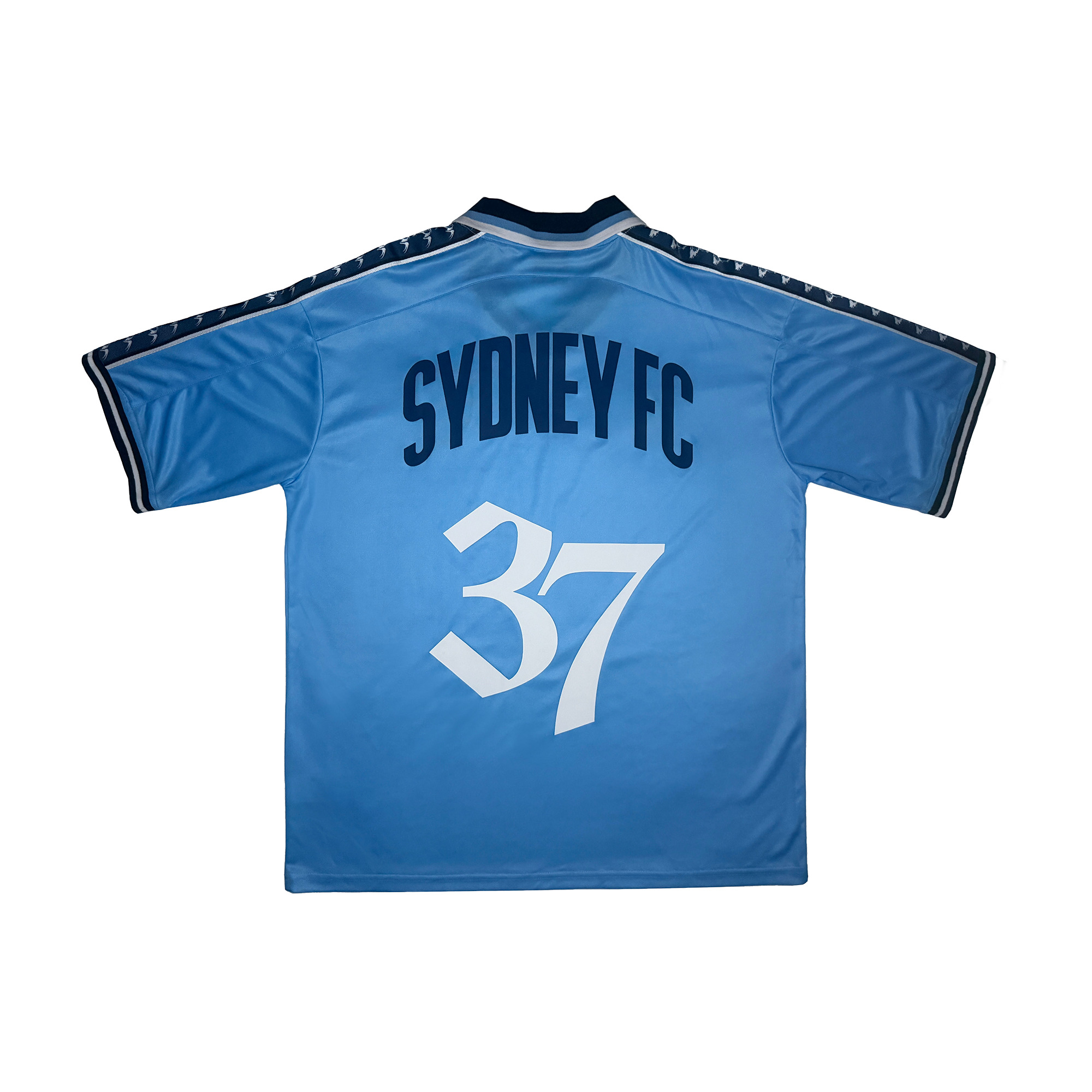 The back of a light blue Sydney FC soccer jersey featuring the team name in navy blue and the number 37 in white, displayed on a clean white background.
